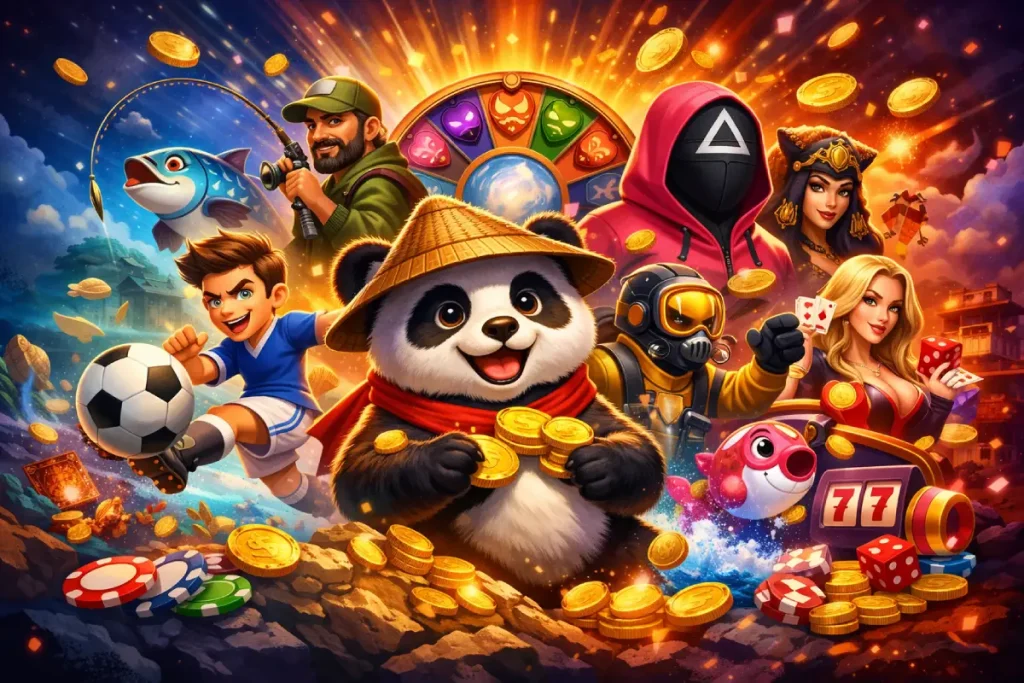 Colorful gaming characters with coins explosion background