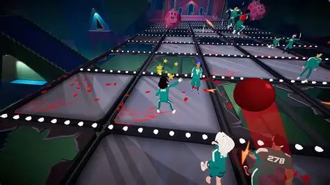 Grid platform with masked characters in green uniforms