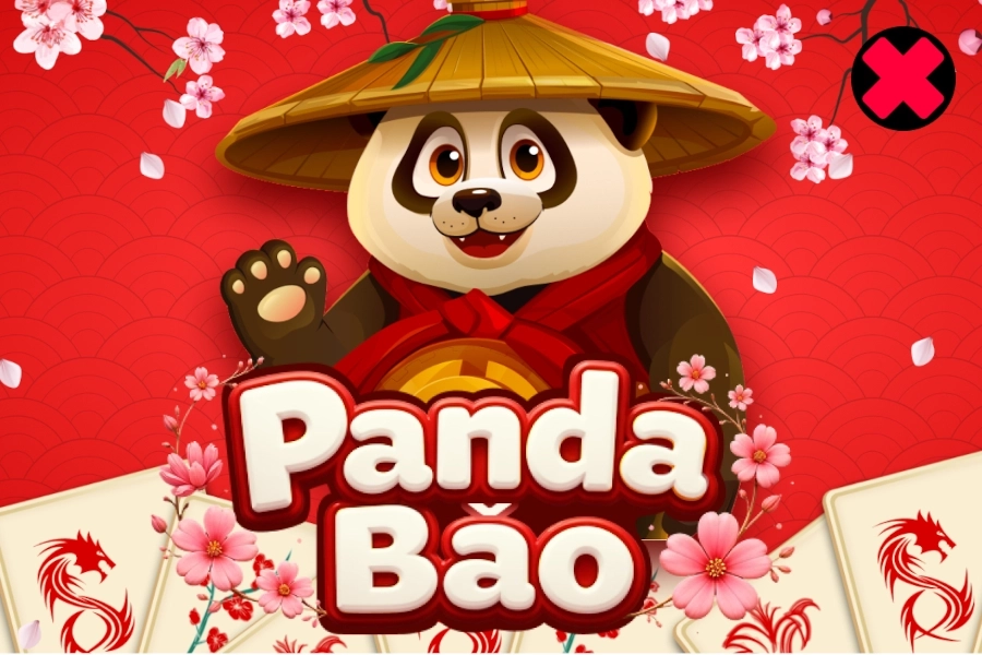 Panda with straw hat and red scarf near lanterns