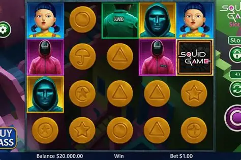 Slot machine interface with Squid-inspired characters and coins